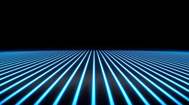 This image shows a perspective view of blue, luminescent parallel lines that appear to converge into the distance, set against a stark dark background with a textured surface.