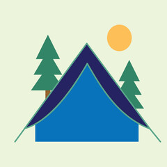 Flat minimalist illustration of a blue camping tent with pine trees and a bright sun in the background, symbolizing outdoor adventure, travel, and summer nature activities.