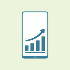 Minimalist flat illustration of a smartphone displaying a rising bar chart with an upward arrow, symbolizing business growth, analytics, success, and digital progress.
