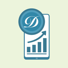 Flat illustration of a smartphone showing a growing bar chart with an upward arrow and a monogram letter D logo, representing digital business growth, branding, and technology success.