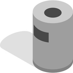 Isometric 3d gray cylinder with dark shadow on a transparent background representing a simple object or icon.