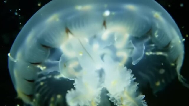 Close up view of a translucent jellyfish floating in dark water