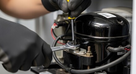 Skilled Technician in Black Gloves Meticulously Repairing or Maintaining a Refrigeration Compressor Unit with Tools, Focusing on Precision and Effi...