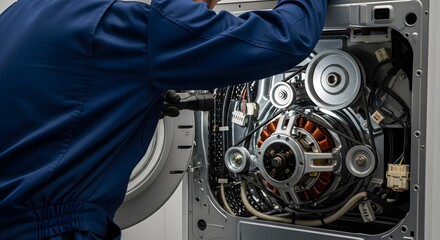 Technician in Blue Overalls Inspecting and Repairing Complex Motor and Internal Mechanisms of a Domestic Washing Machine