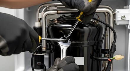 Skilled technician's hands in gloves using wrench and screwdriver to repair a compressor unit, performing maintenance on complex industrial equipment