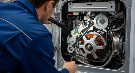 Professional Technician Inspecting and Diagnosing Malfunction in a Household Appliance with a Flashlight, Focusing on Internal Components and Repair