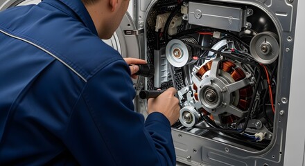 Appliance Repair Technician Inspecting Machine Motor and Internal Components