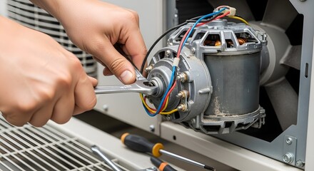 Skilled Hands Repairing HVAC Motor with Wrench: Professional Maintenance of Industrial Electrical Appliance