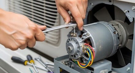 Professional HVAC Technician's Hands Repairing Air Conditioner Motor with Wrench during Appliance Maintenance Service