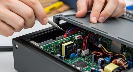 Close-up of Technician's Hands Repairing Electronic Device, Disassembling or Assembling Internal Circuit Board Components with a Screwdriver for Ma...