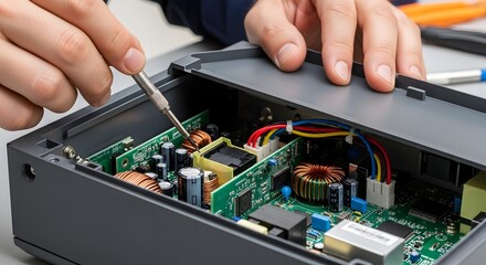 Technician's Hands Repairing Electronic Device Circuit Board with Screwdriver, Detail of Hardware Maintenance and Troubleshooting