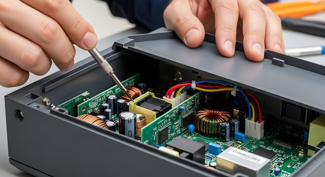 Technician's Hands Repairing Electronic Device Circuit Board with Screwdriver, Detail of Hardware Maintenance and Troubleshooting