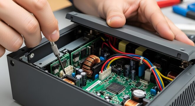 Close-up of hands using screwdriver to repair or assemble internal components of an electronic device, revealing a detailed circuit board and wiring.