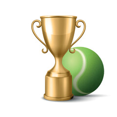 Vector 3D Realistic Gold Tennis Trophy Cup Icon with Ball. Sports Award Illustration for Tennis Championship, Match Victory, Champion Prize, Tournament Design, Competition Reward, Winner Concept