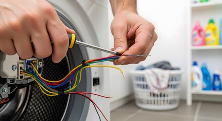 Professional Technician's Hands Repairing Washing Machine Electrical Wiring with Screwdriver in Laundry Room, Appliance Maintenance and Service Con...