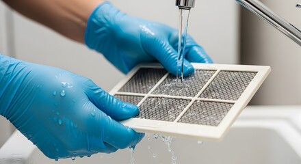 Hands in blue protective gloves cleaning a clogged reusable air filter under running tap water in a white sink, emphasizing home appliance maintena...