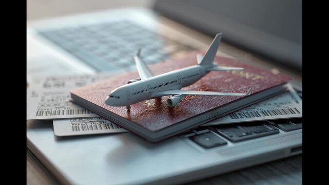 An open laptop with a passport, two travel tickets, and a 3D airplane model on top. Perfect for illustrating travel planning, booking, tourism, or online trip preparation concepts.