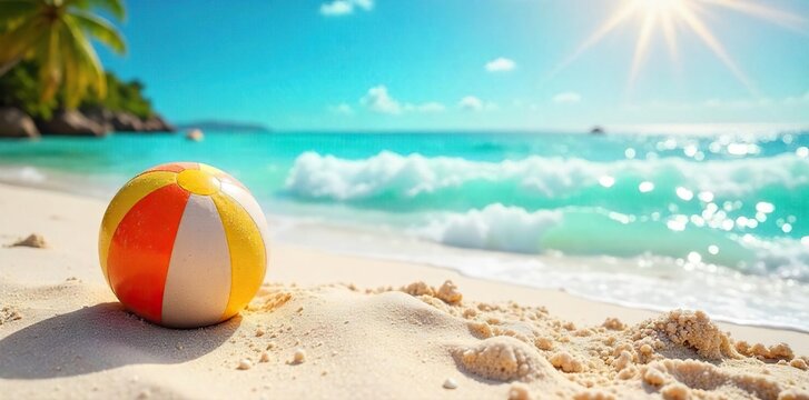 Sun-Drenched Beach Scene Vibrant Spring Break Fun, Turquoise Waters, Playful Beach Balls, Joyful Holiday Atmosphere