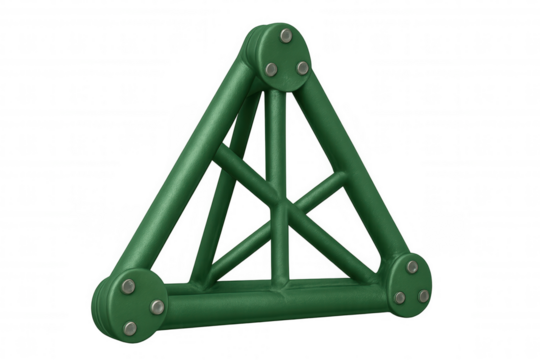 Green metal truss structure forming a triangular pyramid, representing engineering, strength, and stability