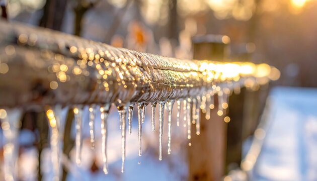 Close-up of icicles hanging from a wooden beam in the sunlight. The focus is on the glistening, clear ice formations