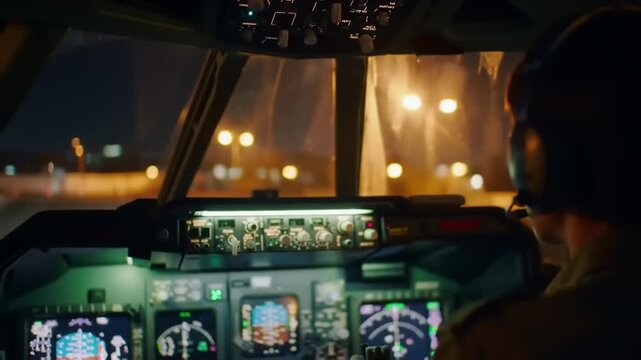 Cockpit view at night pilot in command with illuminated gauges