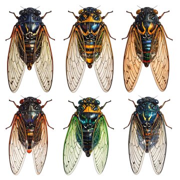 Artistic illustration depicting various colorful cicadas against a white background. Detailed insect renderings with intricate wing and body patterns