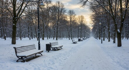 Snow covered park pathway with benches and trees on a cold winter day