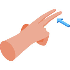 Isometric human hand with two fingers extended pointing direction with blue arrow indicating action against transparent background