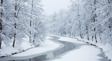 Obraz premium Snowy river landscape with frosted trees during winter season