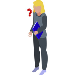 Isometric Illustration Of A Confused Woman Holding A Blue Folder With A Red Question Mark Floating Above Her Head On A White Background
