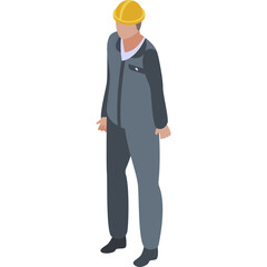 Isometric illustration of a construction worker wearing a gray jumpsuit and yellow hard hat standing against a clean white background perfect for industrial and safety themes