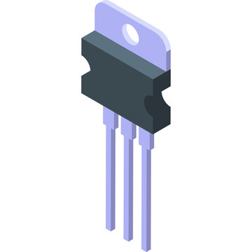 Isometric illustration of a black and silver electronic transistor component with three purple pins on a white background representing technology and electronics