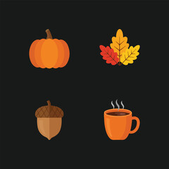 Autumn Icons Set with Pumpkin, Fall Leaves, Acorn, and Coffee Cup – Cozy Fall Season Illustration