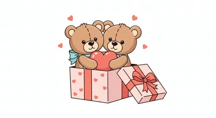 Cute Cartoon Teddy Bear Couple in Gift Box Holding Heart