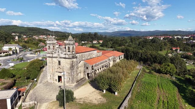 Aerial view showing san benito lerez monastery, a historic baroque church in galicia, spain