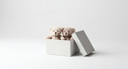 Minimalist Studio Shot of Two Teddy Bears in a White Gift Box