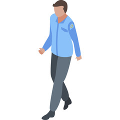 Isometric Illustration of a Man in a Light Blue Shirt and Gray Pants Walking Forward Against a White Background with a Small Circular Logo on His Left Shoulder