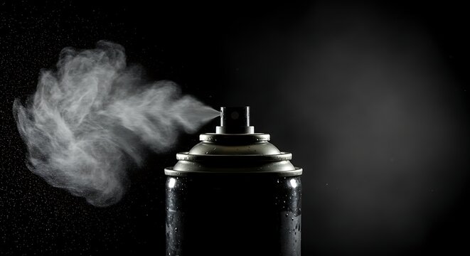 Spray can releasing vapor against black backdrop studio shot