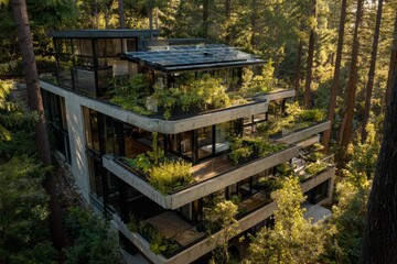 Drone view of green architectural complex with rooftop gardens, solar energy, and lush forest surroundings