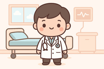 Cute doctor in hospital room with patient bed and monitor