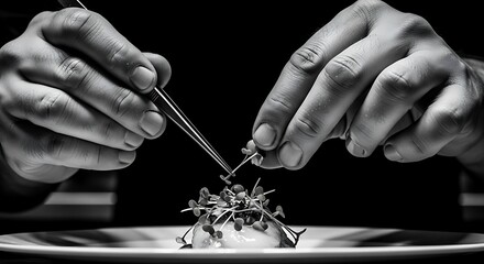 Obraz premium Artistic food preparation showcasing meticulous plating with tweezers