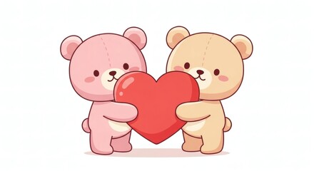 Kawaii Pink and Beige Teddy Bear Couple Holding a Big Heart