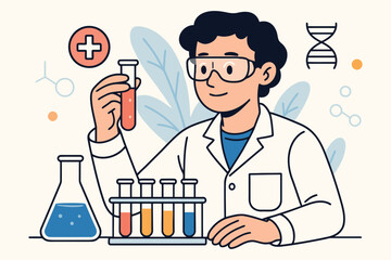 Scientist in lab coat examining test tube with dna and medical symbols