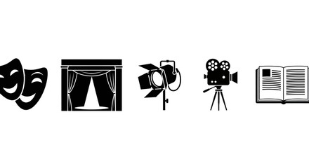 Icon set of five black and white silhouettes depicting various elements of theatre, film production, and dramatic arts, ideal for media and entertainment designs