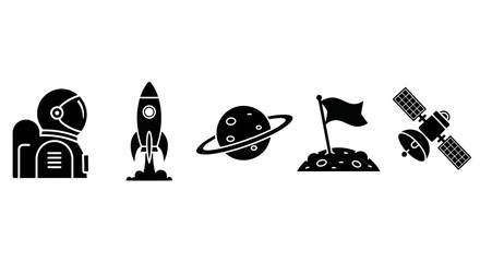 Collection of five flat vector space icons in black silhouettes, featuring an astronaut, rocket, ringed planet, lunar flag, and orbiting satellite, representing space exploration and celestial bodies