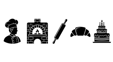 Flat black and white bakery icon set of five elements chef, brick oven, rolling pin, croissant, and celebratory cake. Essential graphic assets for food industry and culinary projects