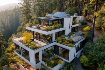 Drone view of green architectural complex with rooftop gardens, solar energy, and lush forest surroundings