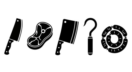 Flat Black and White Butchery Icons Set Essential Symbols of Knives, Meat, Hook, and Sausages for Food Industry Designs