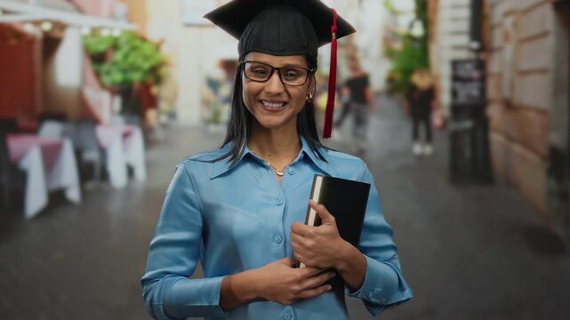 Hispanic woman in graduation attire happily holds a book on a lively restaurant terrace, expressing success and joy in an outdoor street environment.
