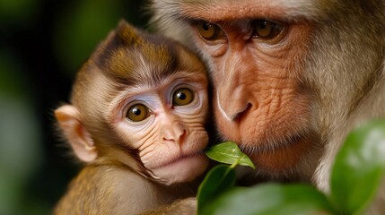 Obraz premium Monkey mother and baby primate showing affection in forest